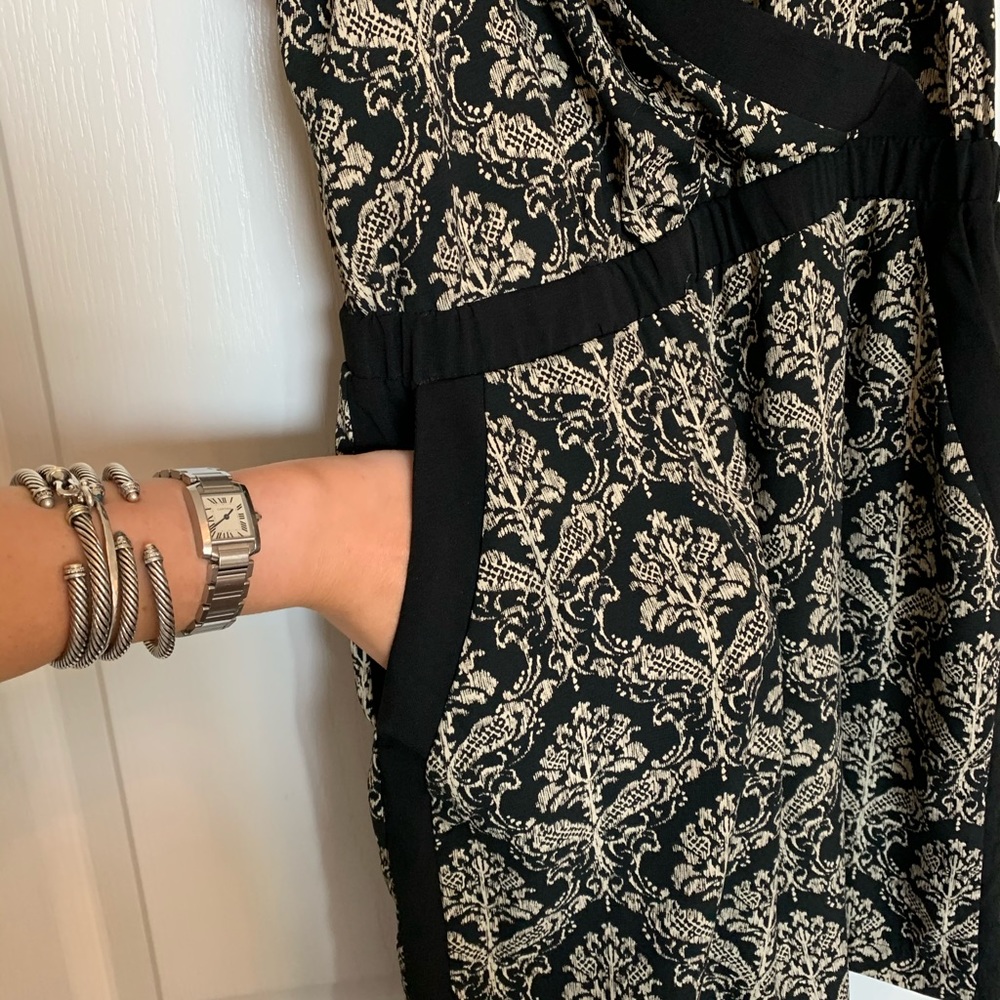Black and White Pocket V Neck Silk Trim Dress
